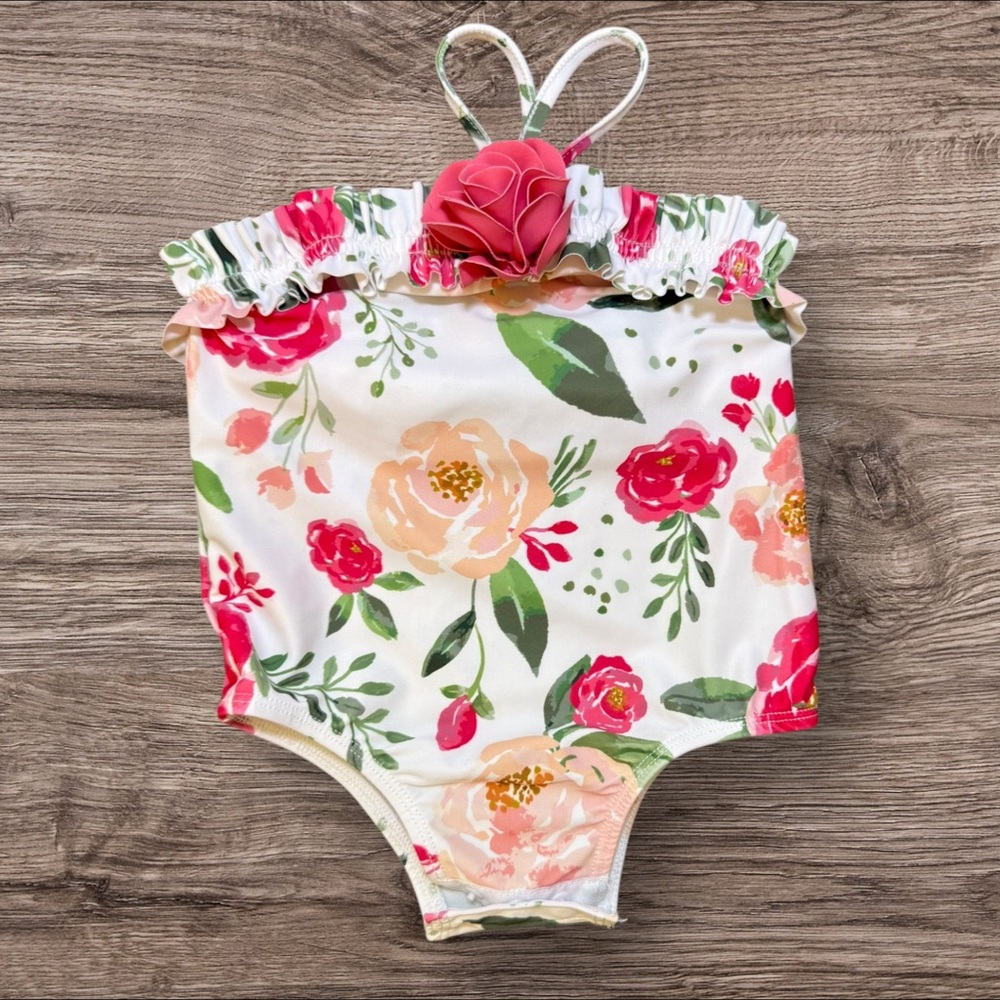 Mud Pie Floral Kids Swim One Piece - Pink and Green
